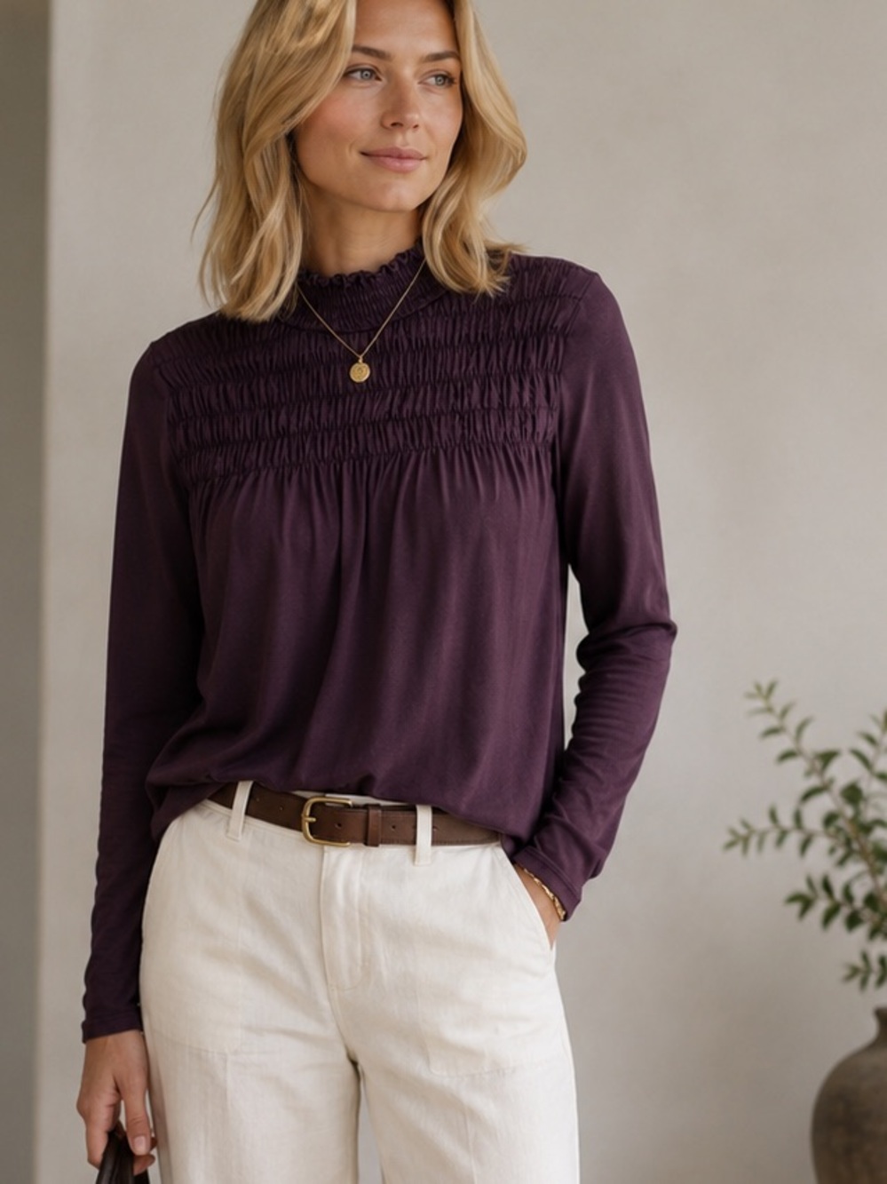 Sundance Plum Smocked Mock Neck Cotton Top